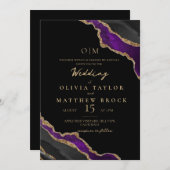 Elegante en moderne zwarte paarse trouwuitnodiging kaart (Voorkant / Achterkant)