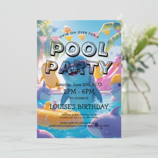 Elegante en Schattigee Dolfijnen Zwembad Party Inv Kaart (Staand voorkant)