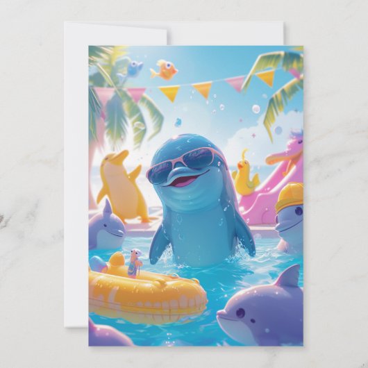 Elegante en Schattigee Dolfijnen Zwembad Party Inv Kaart (Achterkant)