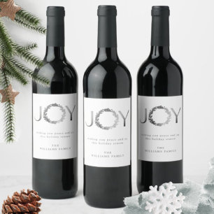 Elegante en simpele "JOY" zilverfolie kerst wijn Etiket