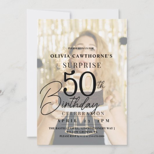 Elegante en stijlvolle 50e foto verjaardagsuitnodi kaart (Voorkant)