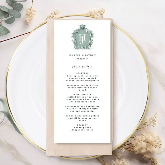 Elegante en tijdloze groene monogram bruiloft menu