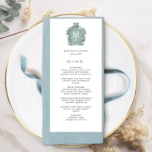 Elegante en tijdloze groene monogram bruiloft menu