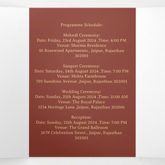 Elegante en unieke Indiase bruiloft Drieluik Uitnodiging (Binnenkant midden)