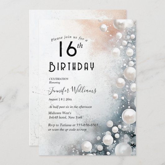 Elegante en witte parels 16e verjaardagsfeest kaart (Voorkant / Achterkant)