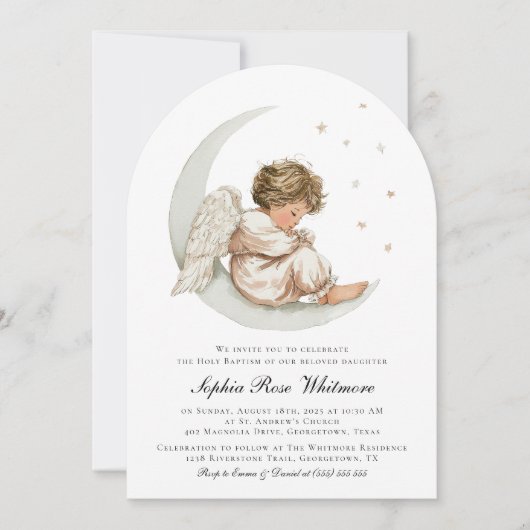 Elegante Engel Maan & Sterren Doop Kaart (Voorkant)