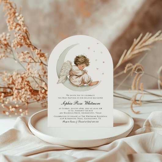 Elegante Engel Maan & Sterren Doop Kaart