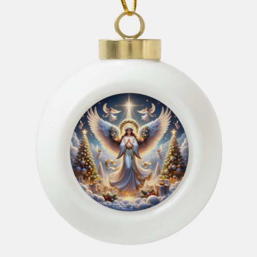 Elegante engelachtige vakantiescene met kerstbomen keramische bal ornament (Voorkant)