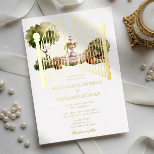 Elegante Engelse Secretetuin Bruiloft met Vintage Folie Uitnodiging