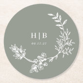 Elegante envelop Sage Groene Bloemen Monogram kran Ronde Kartonnen Onderzetter (Voorkant)