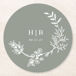 Elegante envelop Sage Groene Bloemen Monogram kran Ronde Kartonnen Onderzetter