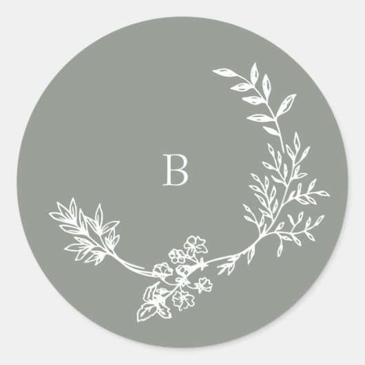 Elegante envelop Sage Groene Bloemen Monogram kran Ronde Sticker (Voorkant)