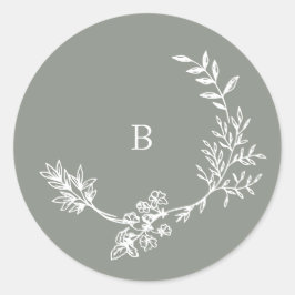 Elegante envelop Sage Groene Bloemen Monogram kran Ronde Sticker