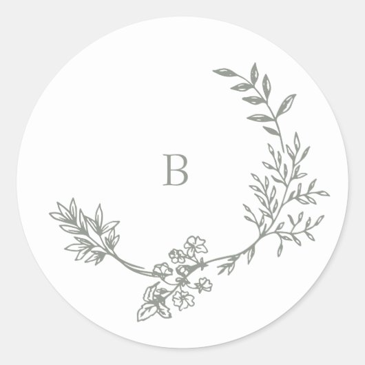 Elegante envelop Sage Groene Bloemen Monogram kran Ronde Sticker (Voorkant)