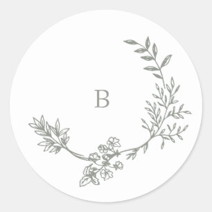Elegante envelop Sage Groene Bloemen Monogram kran Ronde Sticker