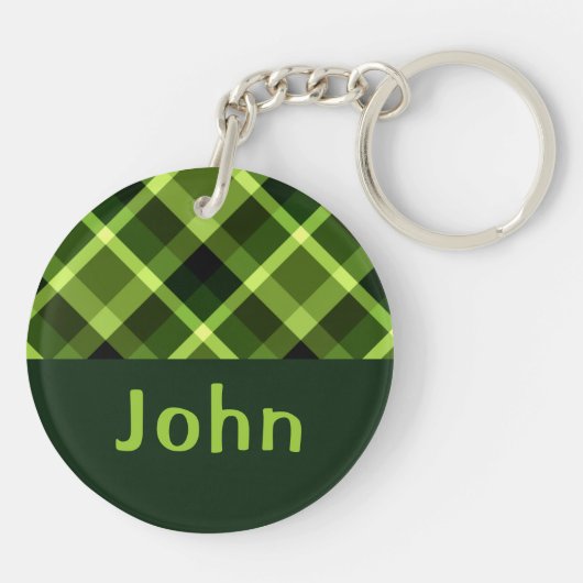 Elegante erwtengroene Plaid Monogram Circle Sleute Sleutelhanger (Achterkant)