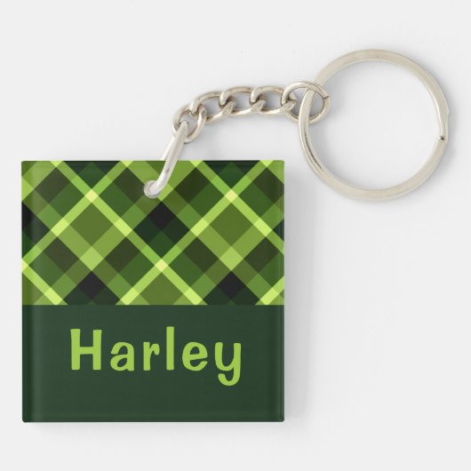 Elegante erwtengroene Plaid Monogram Vierkante Sle Sleutelhanger (Achterkant)