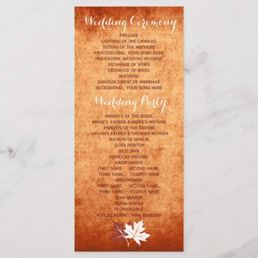 Elegante esdoorn laat sinaasappel vallen trouwprog programmakaart (Achterkant)