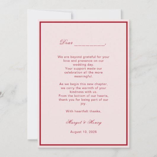 Elegante esthetische rode moderne trouwfoto bedankkaart (Voorkant)