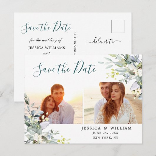 Elegante Eucalyptus 2 FOTO Bruiloft Save the Date Briefkaart (Voorkant / Achterkant)