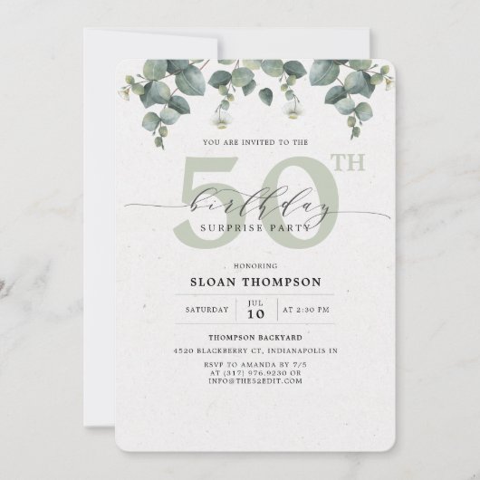 Elegante Eucalyptus 50ste verjaardag verrassingsfe Kaart (Voorkant)