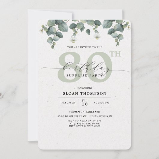Elegante Eucalyptus 80ste Verjaardagsfeest Verrass Kaart (Voorkant)