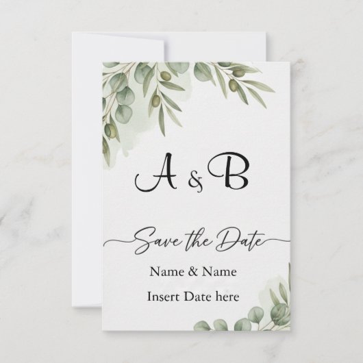 Elegante Eucalyptus Aquarel "Bewaar de datum" Mono Save The Date (Voorkant)