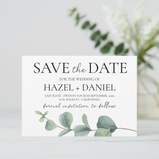 Elegante Eucalyptus Bewaar de datum Bruiloft Kaart (Staand voorkant)