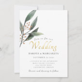 Elegante eucalyptus blad gouden script bruiloft kaart (Voorkant)