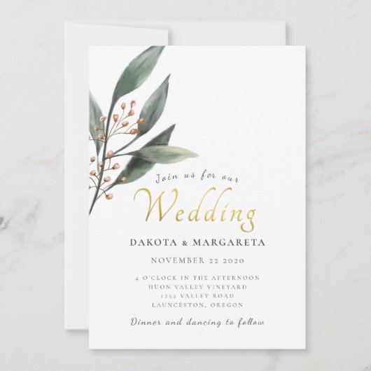 Elegante eucalyptus blad gouden script bruiloft kaart (Voorkant)