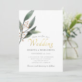 Elegante eucalyptus blad gouden script bruiloft kaart (Staand voorkant)