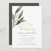 Elegante eucalyptus blad gouden script bruiloft kaart (Voorkant / Achterkant)