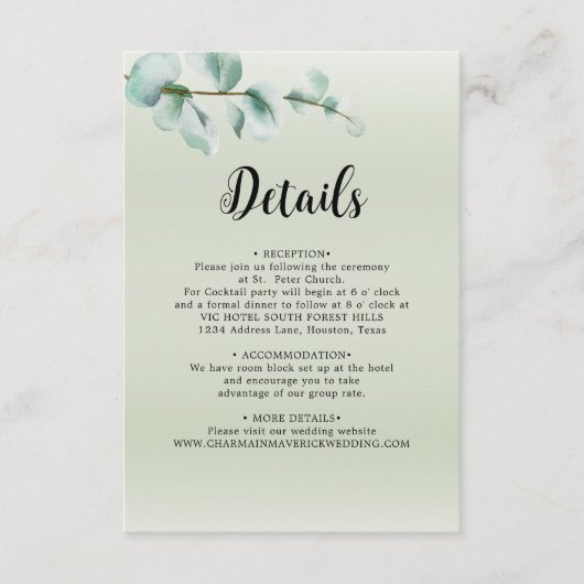 Elegante Eucalyptus blad groen bruiloft details Informatiekaartje (Voorkant)