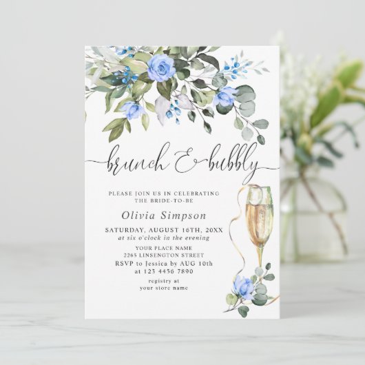 Elegante Eucalyptus Blauwe Rozen Brunch & Bubbels Kaart (Staand voorkant)