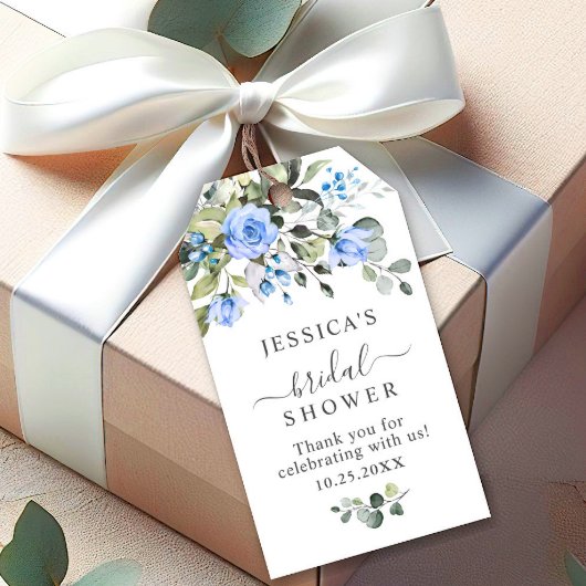 Elegante Eucalyptus Blauwe Rozen Favor Bedankt Cadeaulabel