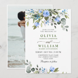 Elegante Eucalyptus Blauwe Rozen Groene Huwelijksd Kaart