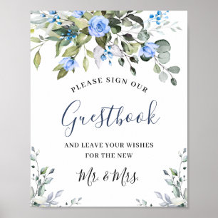 Elegante Eucalyptus Blauwe Rozen Onderteken Ons Ga Poster