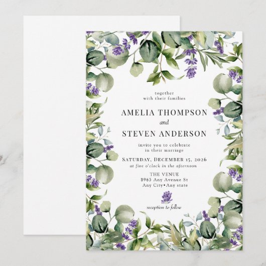 Elegante Eucalyptus Bloemenbruiloft Kaart (Voorkant / Achterkant)