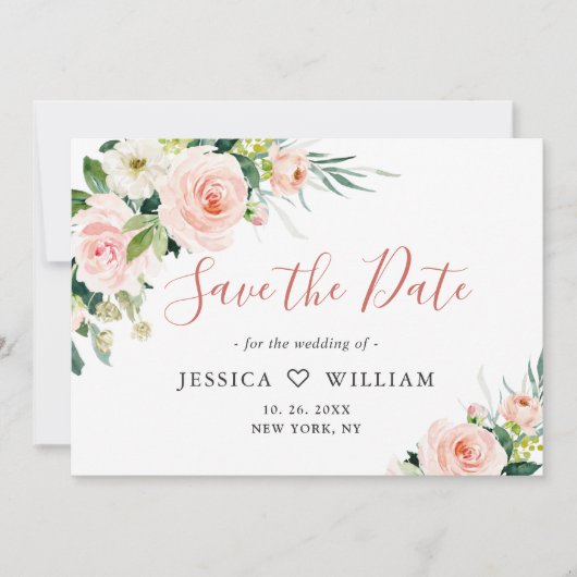 Elegante Eucalyptus Blozende Roze Bloemen Bruiloft Save The Date (Voorkant)
