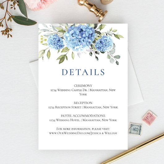 Elegante Eucalyptus Blue Hydrangea bruiloft detail Informatiekaartje