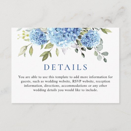 Elegante Eucalyptus Blue Hydrangea bruiloft detail Informatiekaartje (Voorkant)