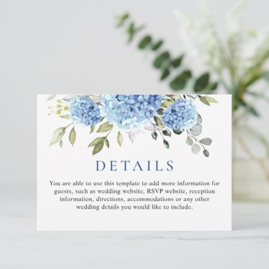 Elegante Eucalyptus Blue Hydrangea bruiloft detail Informatiekaartje (Staand voorkant)