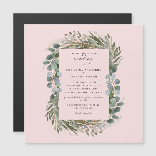 Elegante Eucalyptus Blush Bruiloft Magnetische Uitnodiging (Voorkant / Achterkant)