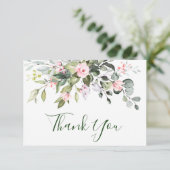 Elegante Eucalyptus Blush Roze Rozen Bloemen Bruil Bedankkaart (Staand voorkant)