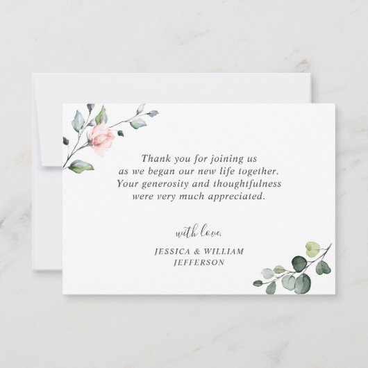 Elegante Eucalyptus Blush Roze Rozen Bloemen Bruil Bedankkaart (Achterkant)