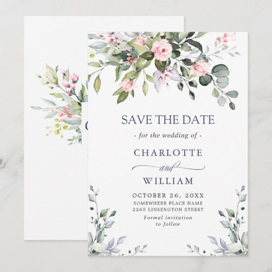 Elegante Eucalyptus Blush Rozen Bloemige Bruiloft Save The Date (Voorkant / Achterkant)