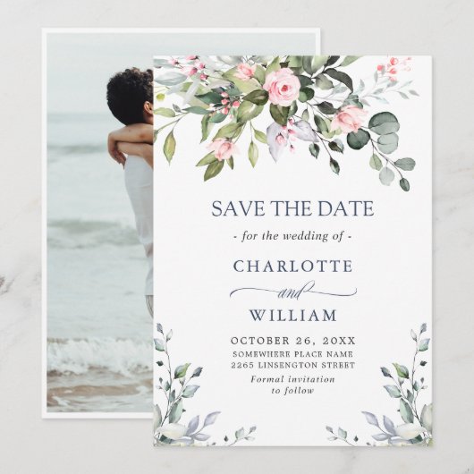 Elegante Eucalyptus Blush Rozen Bloemige Bruiloft Save The Date (Voorkant / Achterkant)