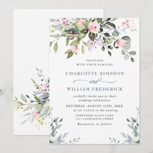 Elegante Eucalyptus Blush Rozen Bruiloft Kaart (Voorkant / Achterkant)