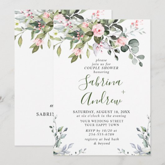 Elegante Eucalyptus Blush Rozen COUPLE BRUILOFT Kaart (Voorkant / Achterkant)