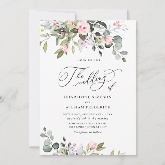 Elegante Eucalyptus Blush Rozen QR code Bruiloft Kaart (Voorkant)